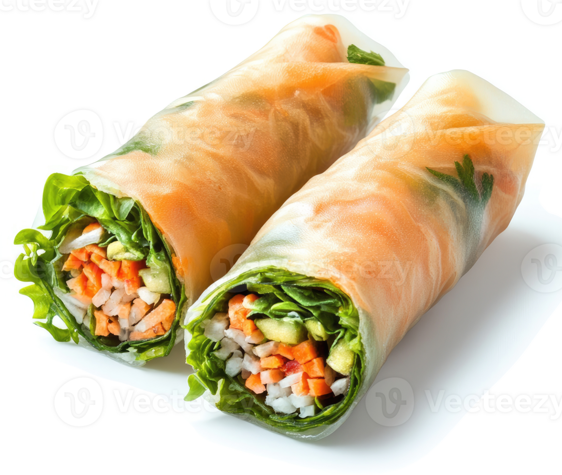 Two vibrant vegetable spring rolls with rice paper and fresh ingredients. png