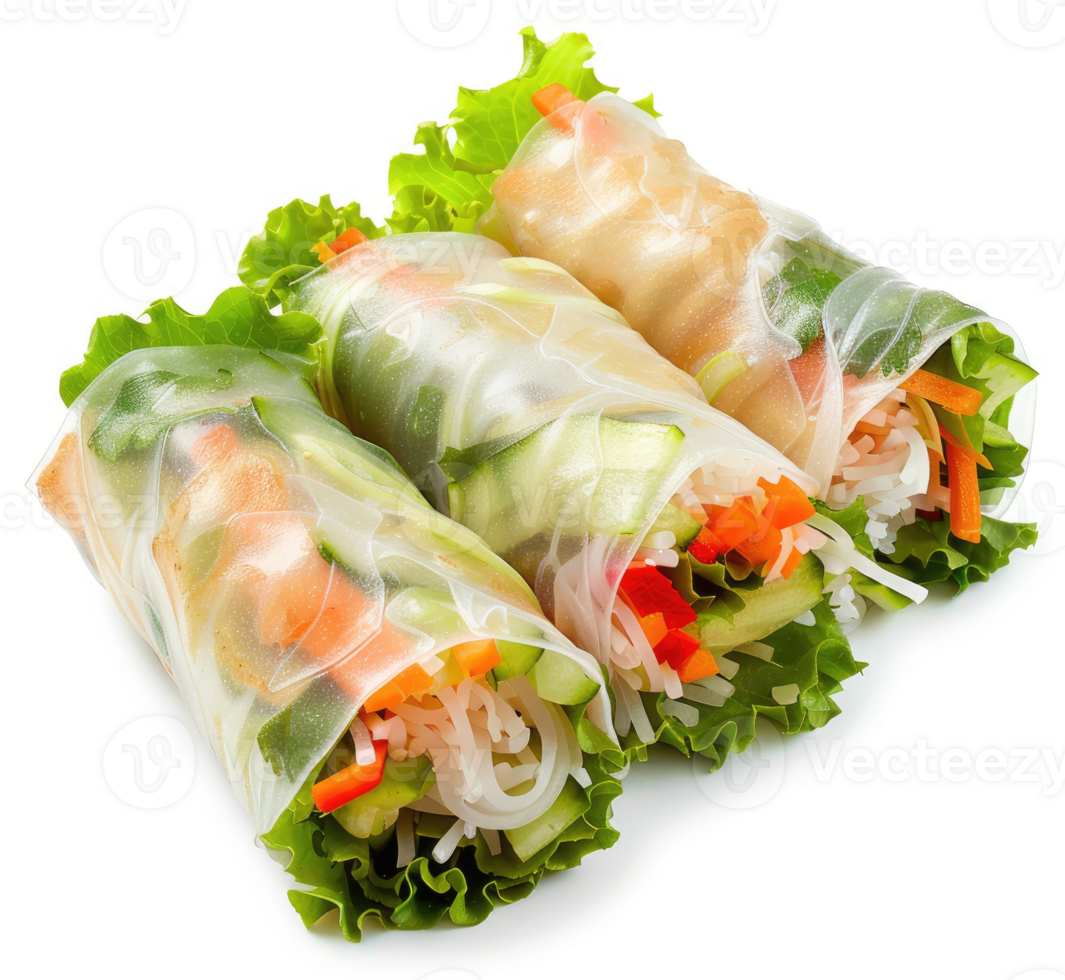 Three translucent spring rolls filled with colorful vegetables and noodles. png
