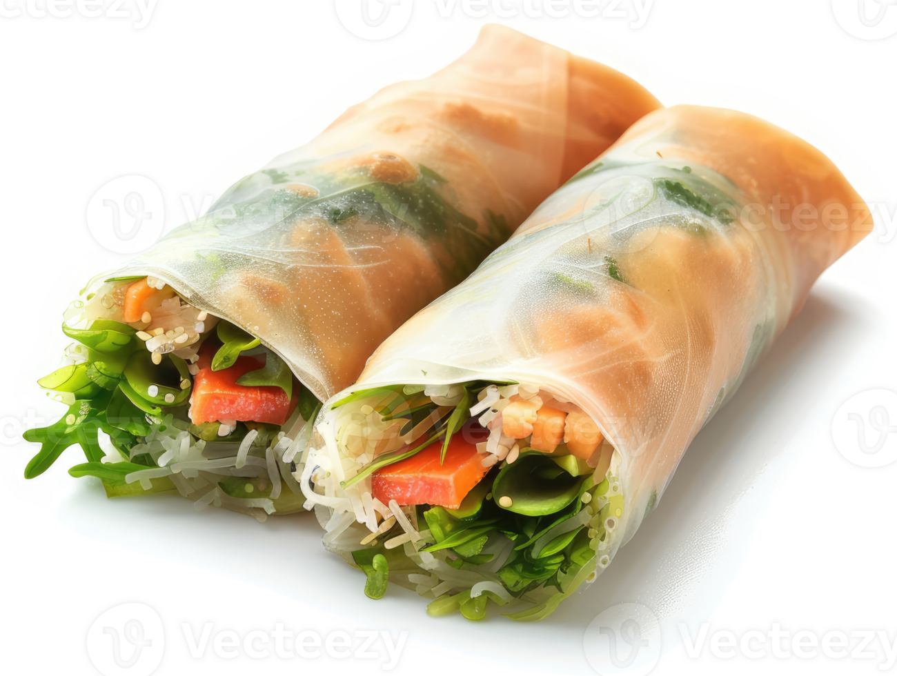 Two delicious spring rolls filled with fresh vegetables and protein. png
