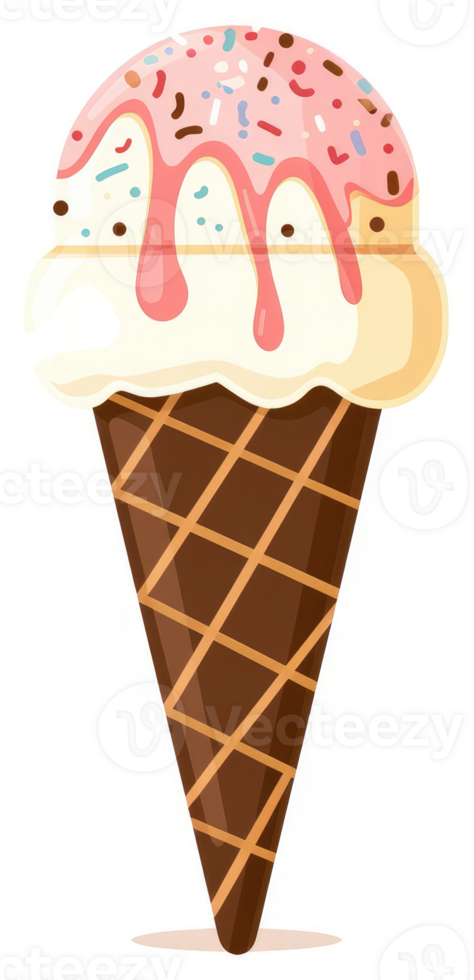 A delicious ice cream cone with pink drizzle and sprinkles. png