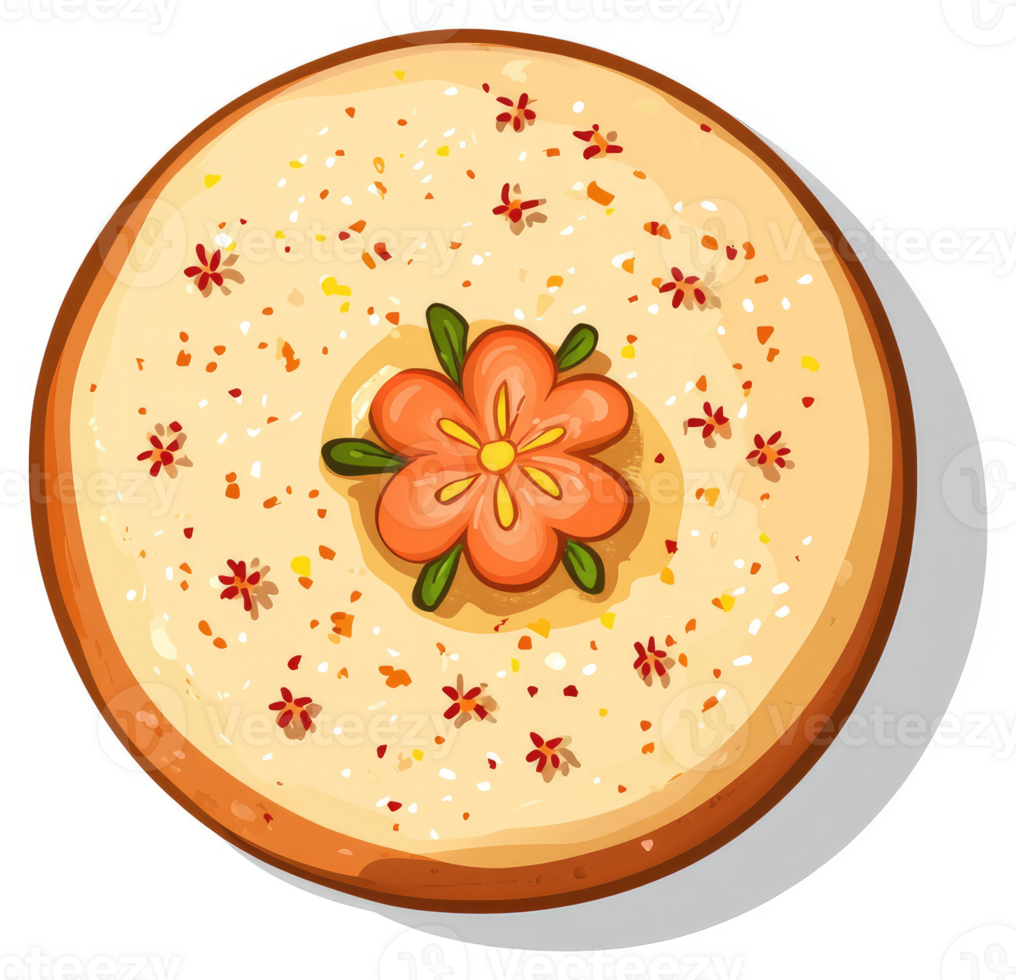 A round, decorative cake topped with an orange flower. png