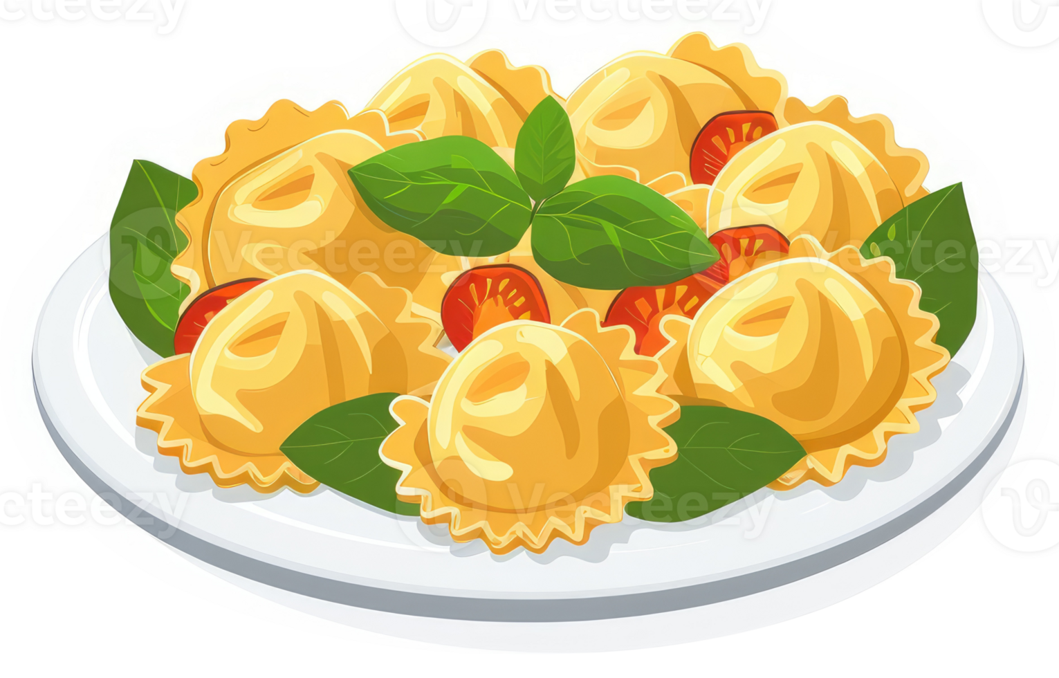 A plate of tortellini with fresh basil and cherry tomatoes. png