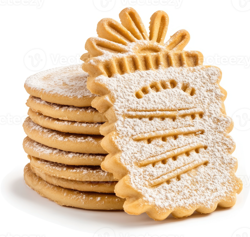 A stack of sugared shortbread cookies with decorative patterned cookies. png