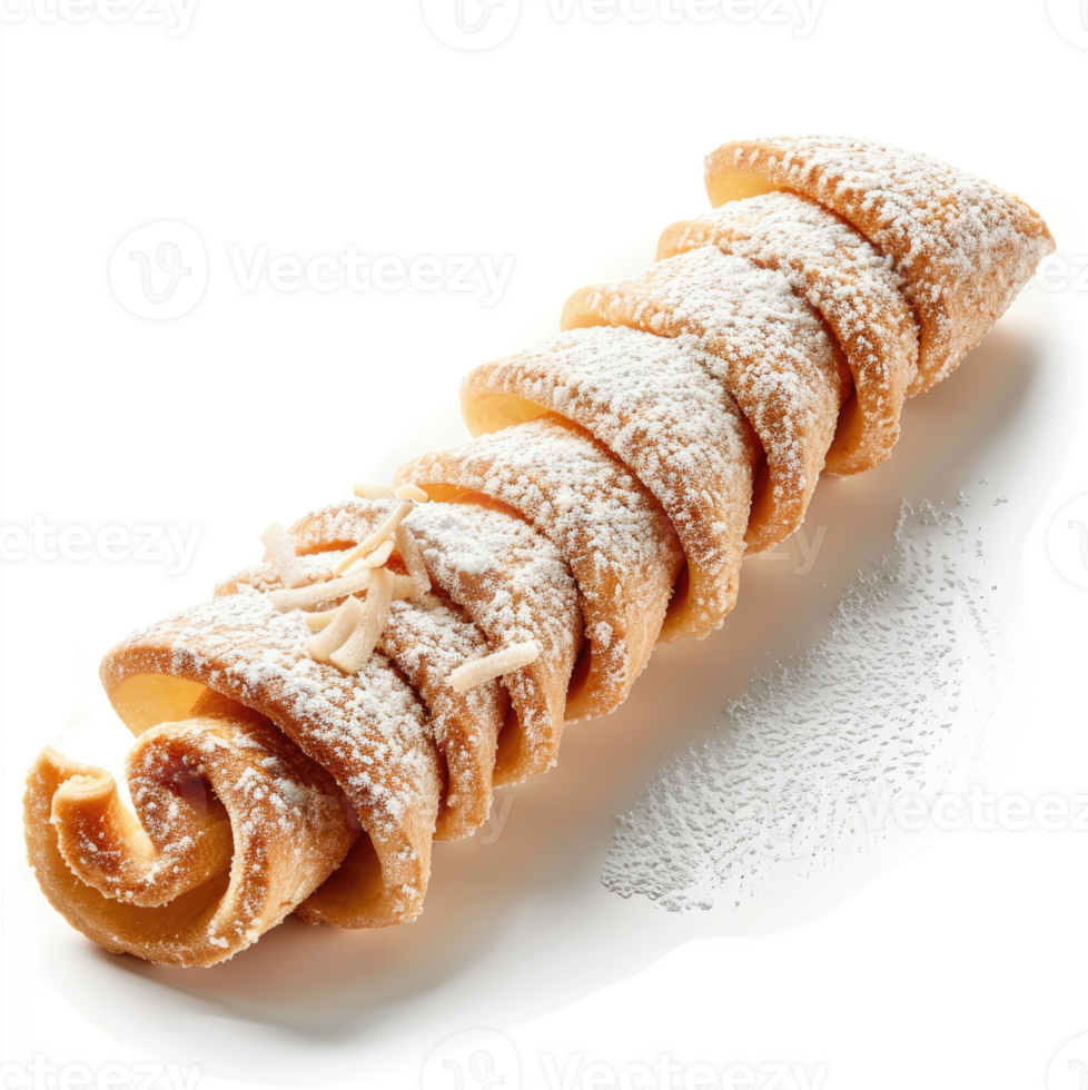 A spiral-shaped pastry dusted with powdered sugar and shredded coconut. png