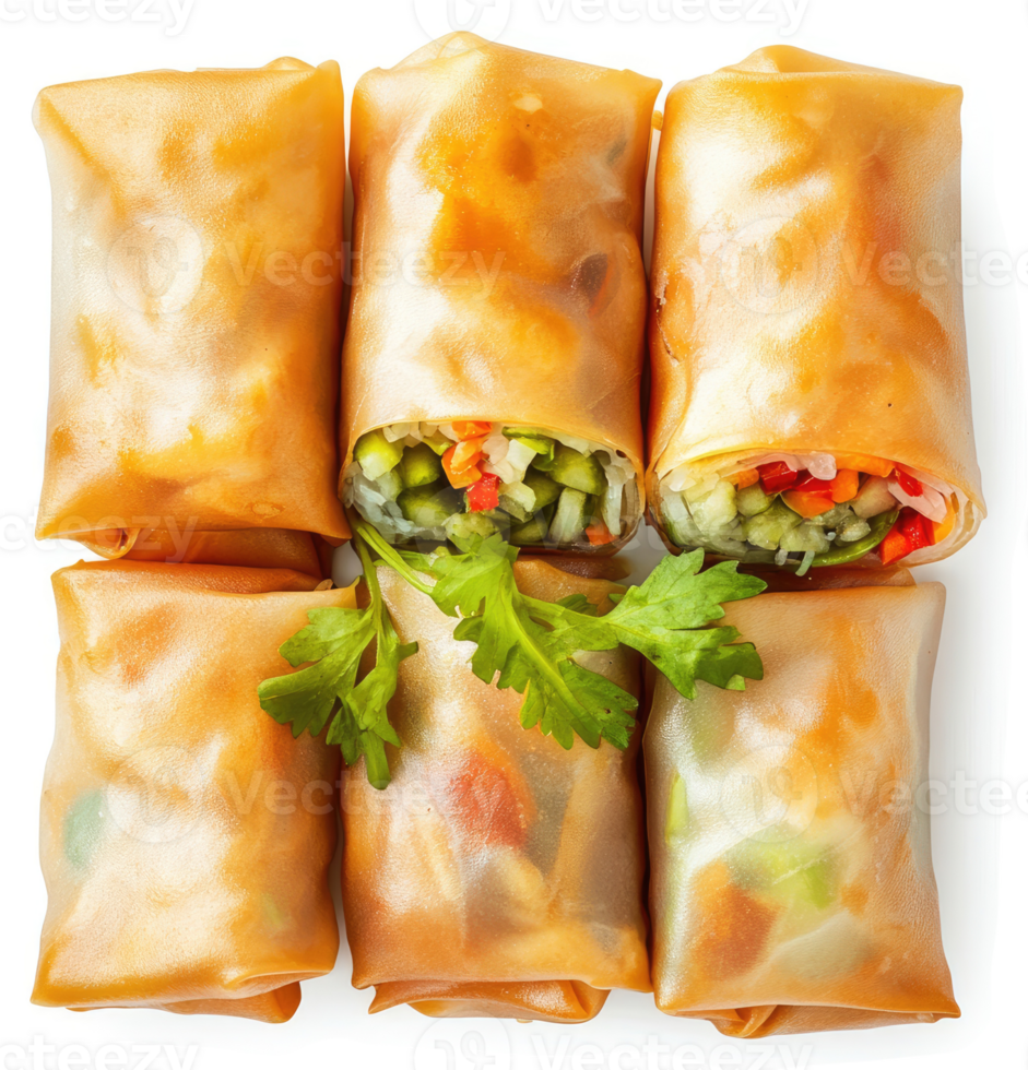 Crispy, golden-brown vegetable spring rolls arranged artfully. png