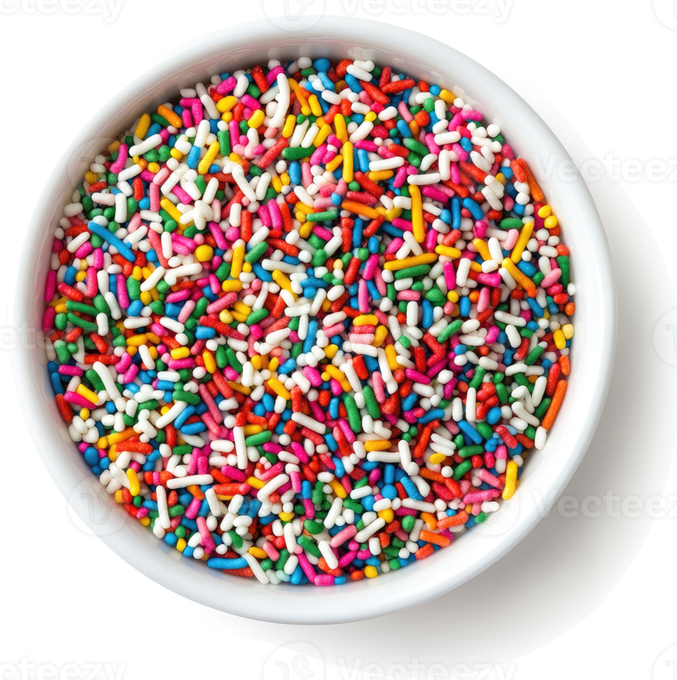 A colorful assortment of small, colorful sprinkles in a white bowl. png