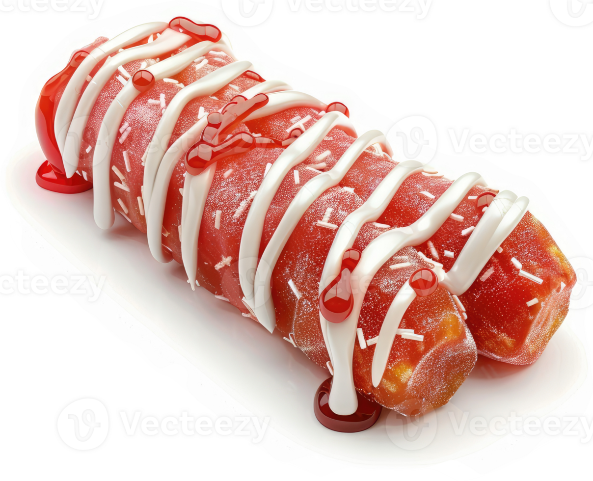 A sweet, red, and white confectionery roll, drizzled with a ruby red glaze and topped with white icing swirls. png