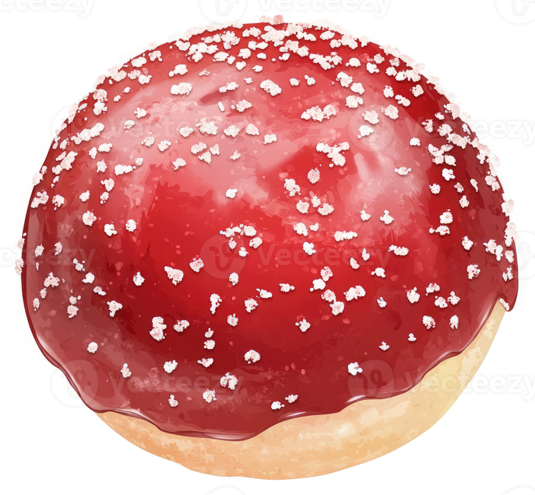 A round donut topped with a red glaze and white sprinkles. png