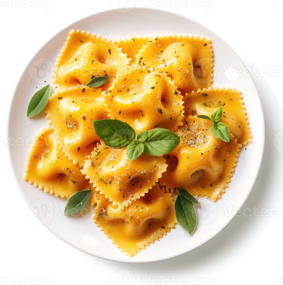 A plate of golden agnolotti pasta topped with fresh herbs. png