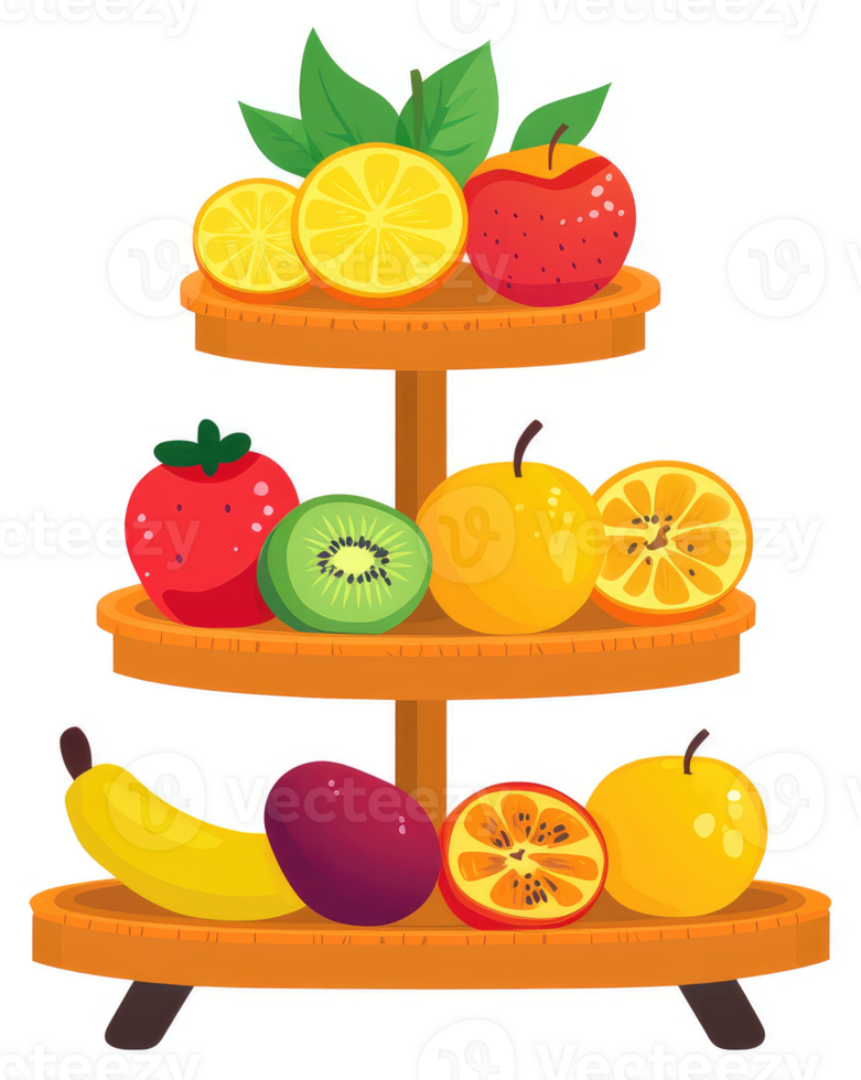 A tiered fruit stand overflowing with colorful fruits. png