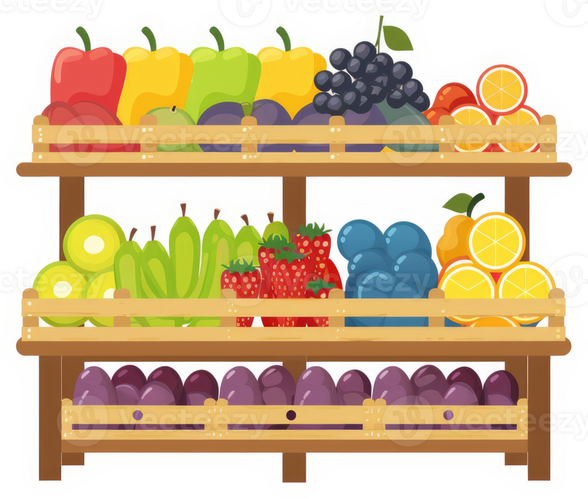 A colorful display of fresh fruits and vegetables in wooden crates. png