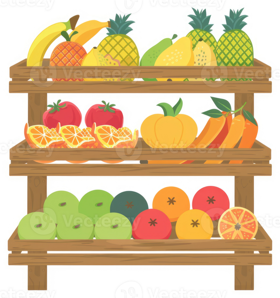 A colorful display of fresh fruits and vegetables in a wooden crate. png
