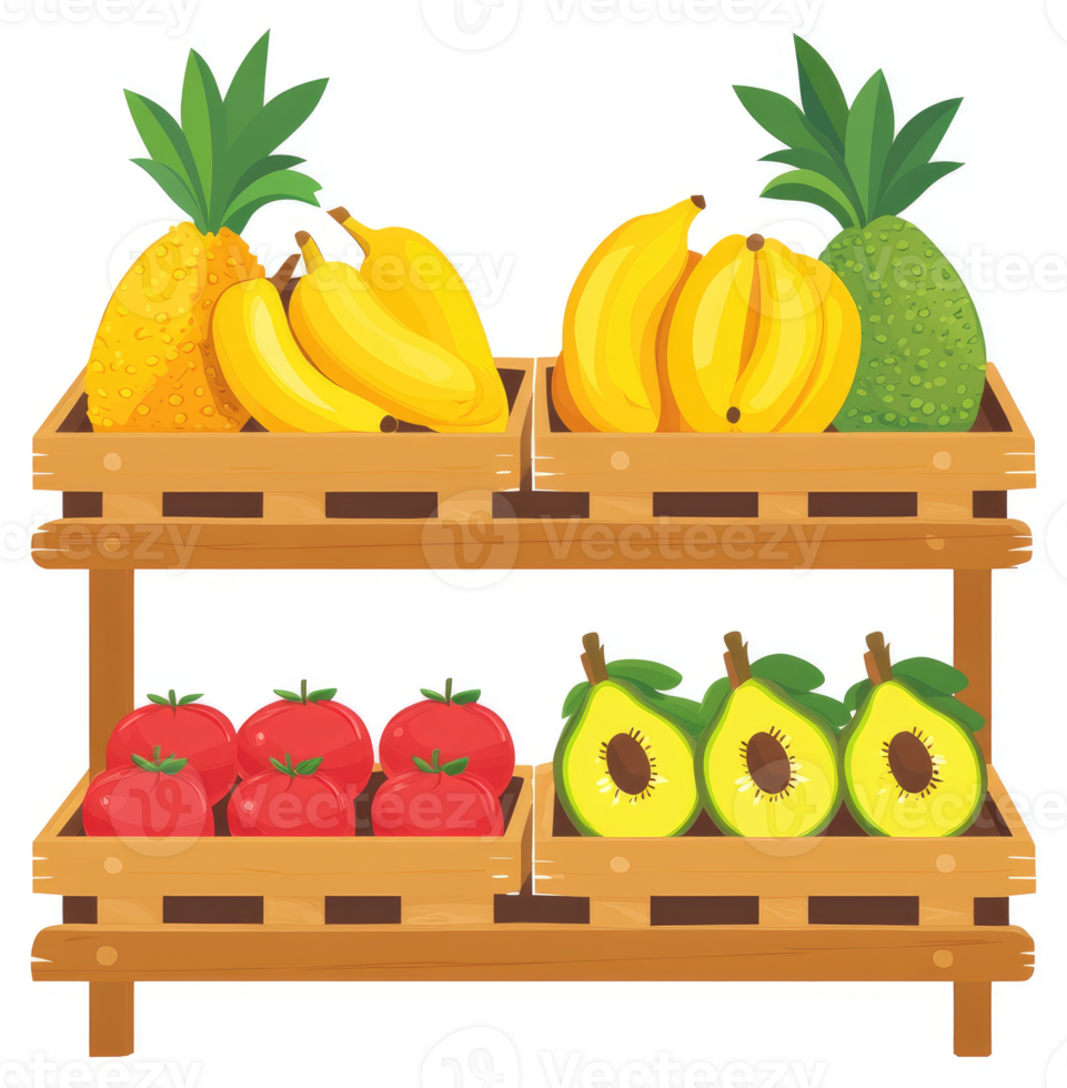 A grocery store display of fresh produce, including pineapples, bananas, tomatoes, and avocados. png