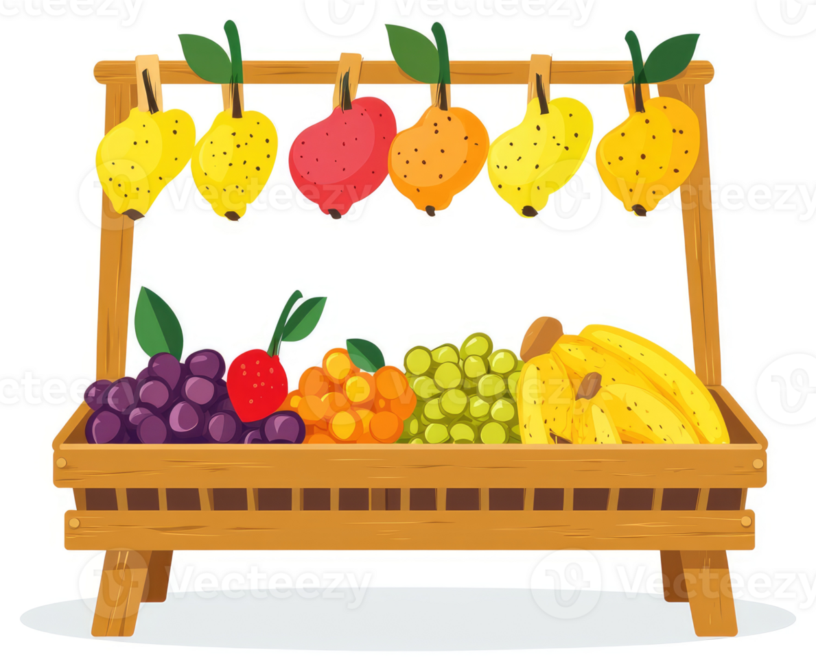 Colorful fruit display in a wooden market stall. png
