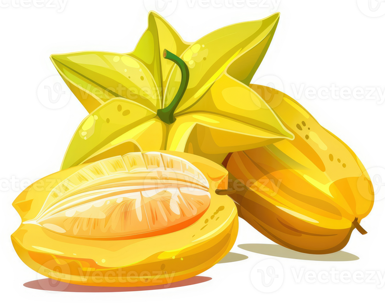 A vibrant illustration of star fruit, showcasing its bright yellow color and unique star-shaped design. png