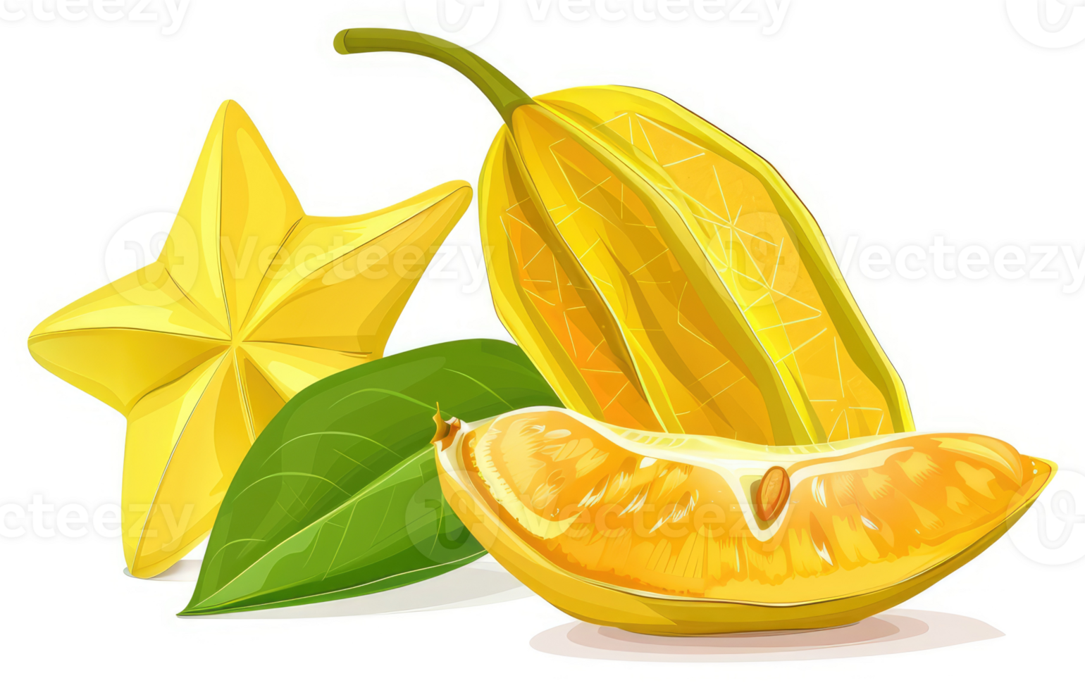 A vibrant display of star fruit, sliced star fruit, and a citrus fruit. png