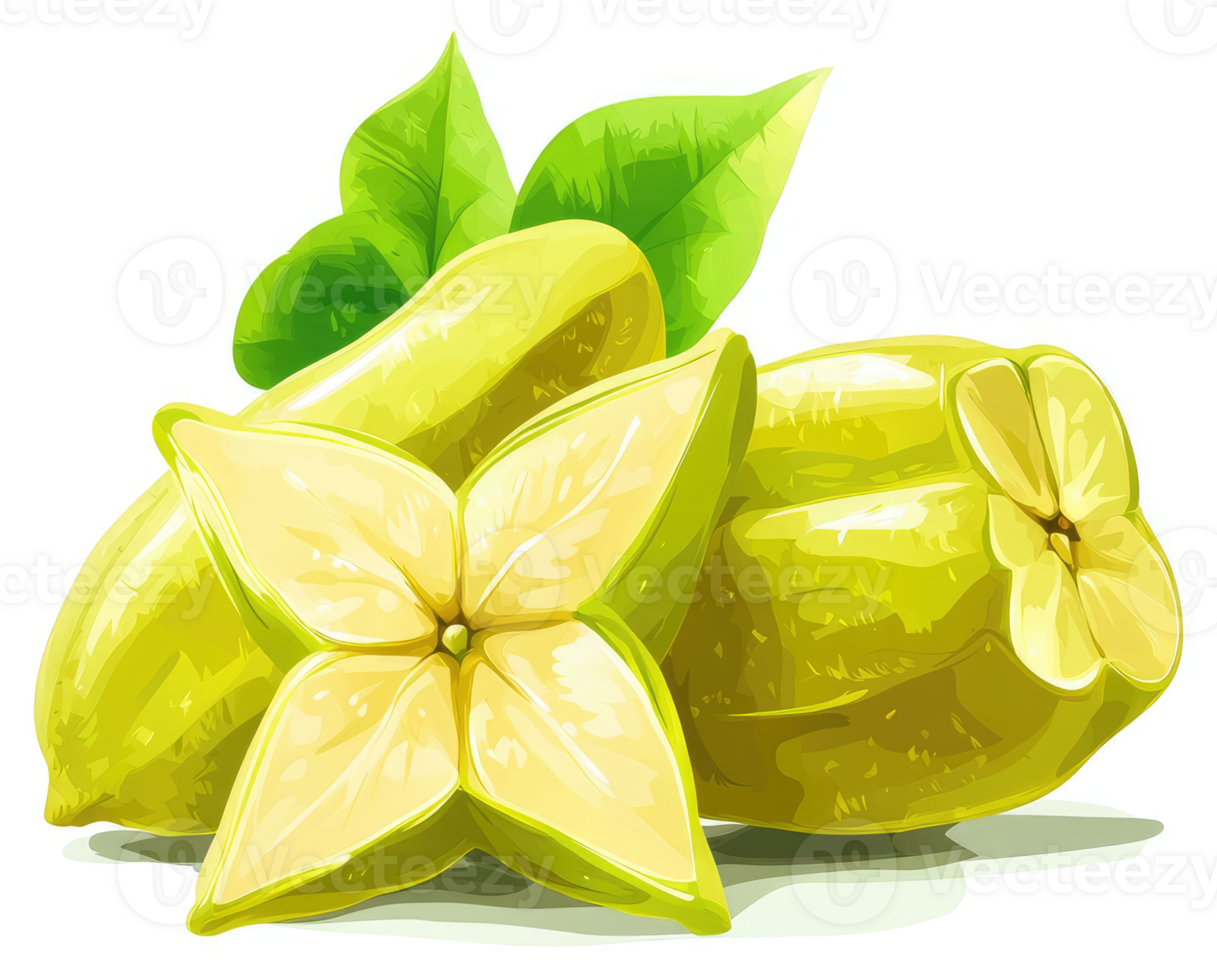 Close-up illustration of star fruit, showing vibrant yellow flesh and green leaves. png