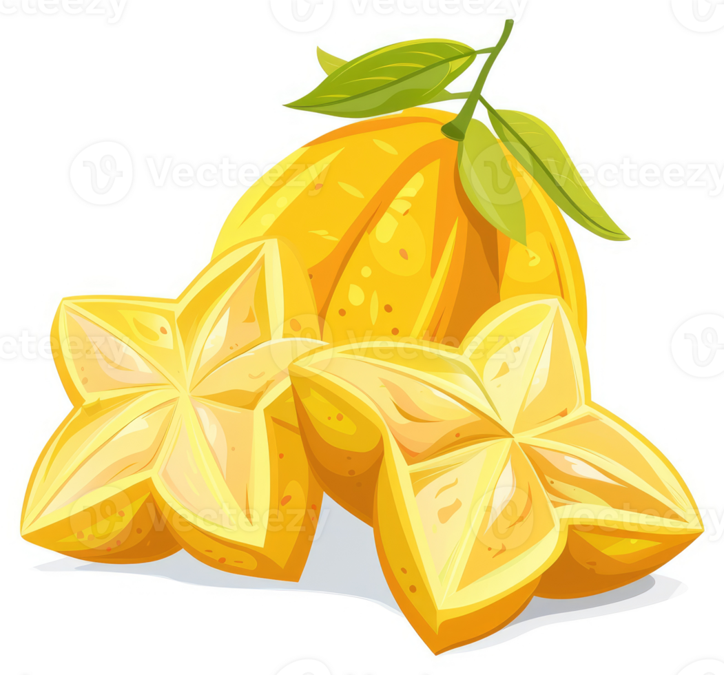 A vibrant illustration of star fruit, whole and sliced, displaying its unique star-shaped sections. png