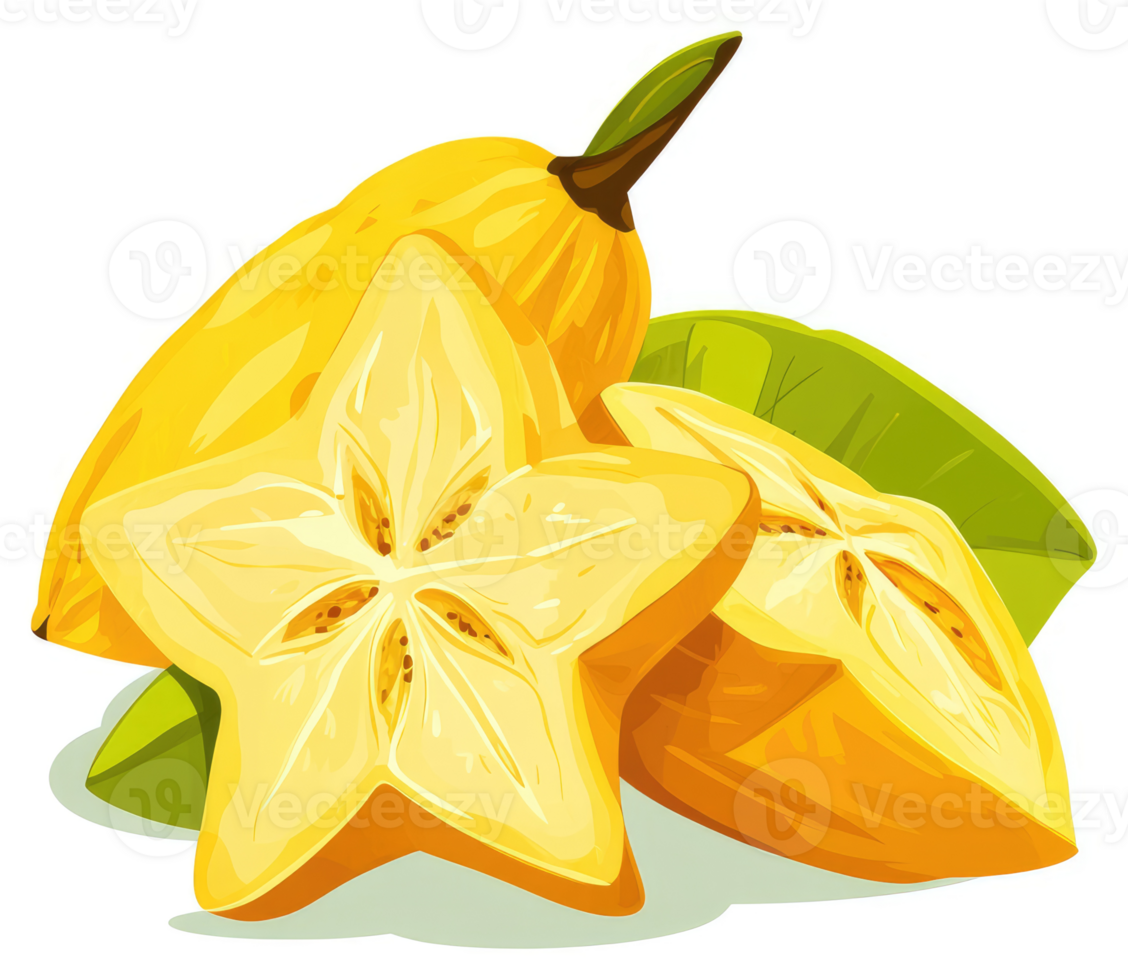 A vibrant display of sliced star fruit with tropical leaves. png
