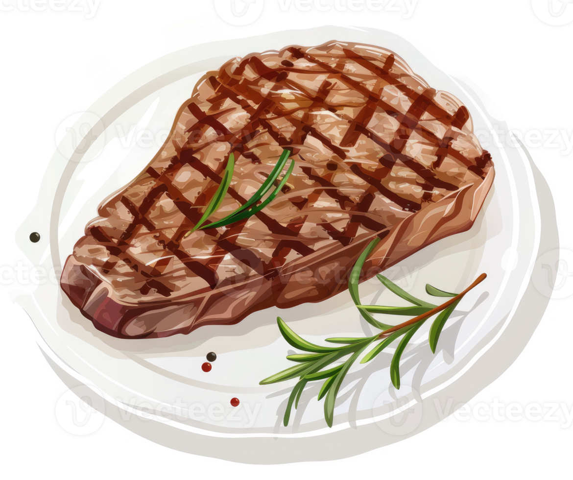 A grilled steak with rosemary and pepper on a white plate. png