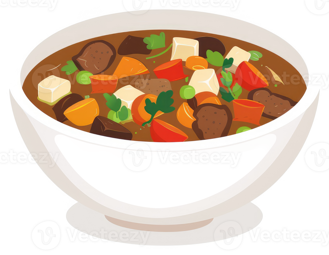 Hearty beef stew in a white bowl, full of vegetables. png