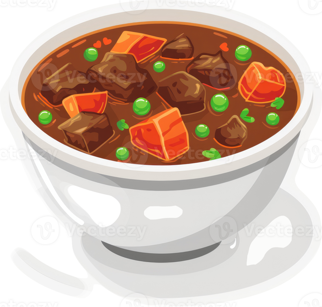 Hearty beef stew in a white bowl. png