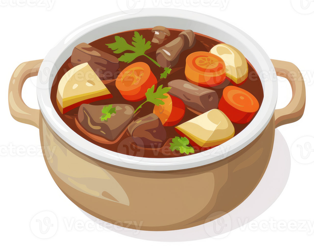 A hearty beef stew simmering in a rustic pot. png