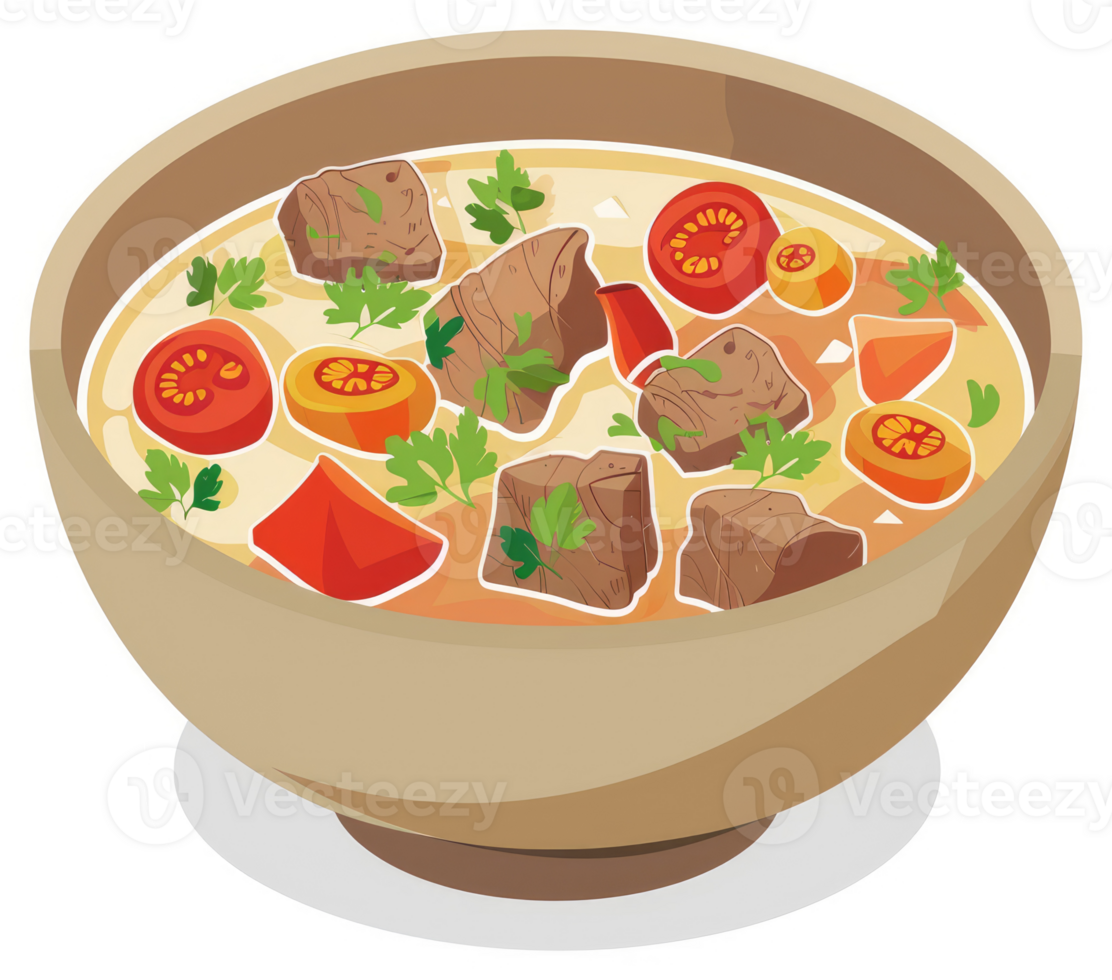 A hearty bowl of beef stew soup. png