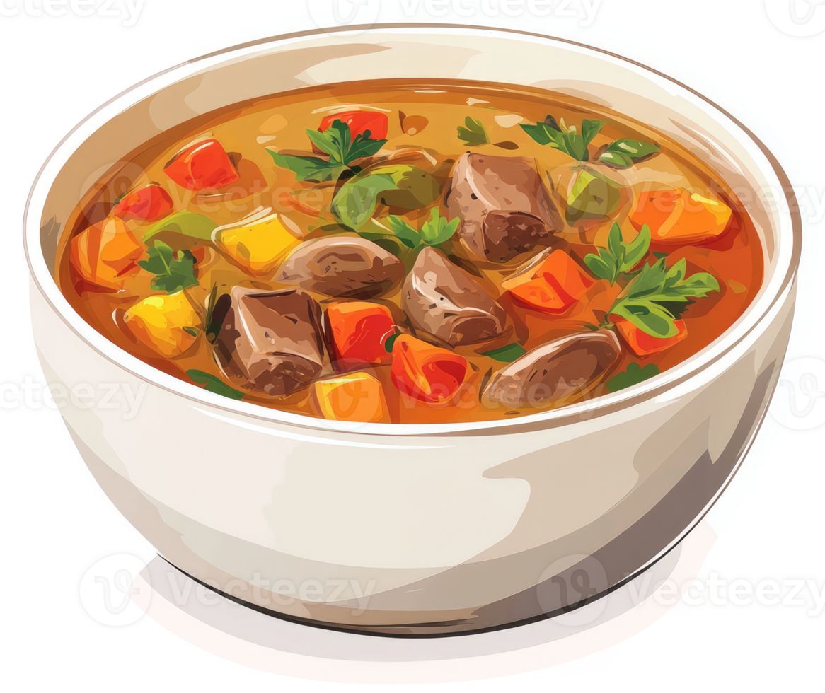 A hearty bowl of flavorful beef stew soup. png