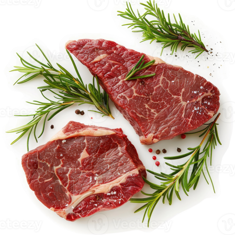 Two fresh beef steaks with sprigs of rosemary and peppercorns. png