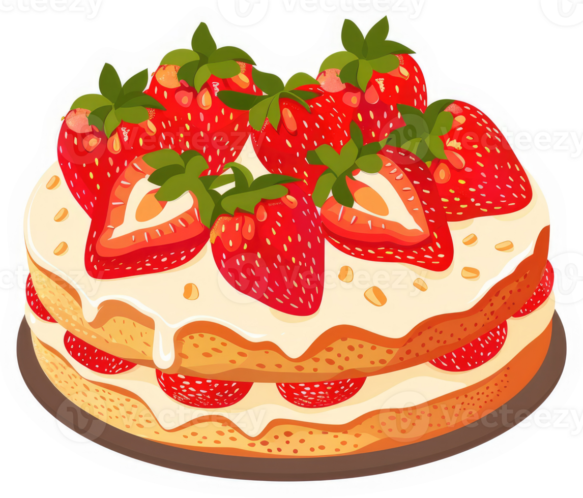A delicious layered strawberry cake decorated with fresh strawberries. png
