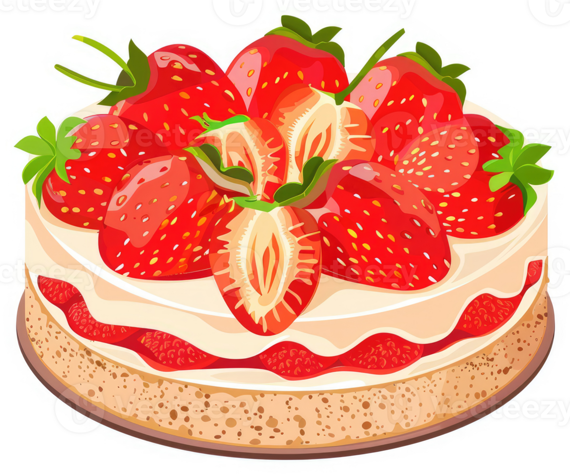 A delicious strawberry cake topped with fresh strawberries. png
