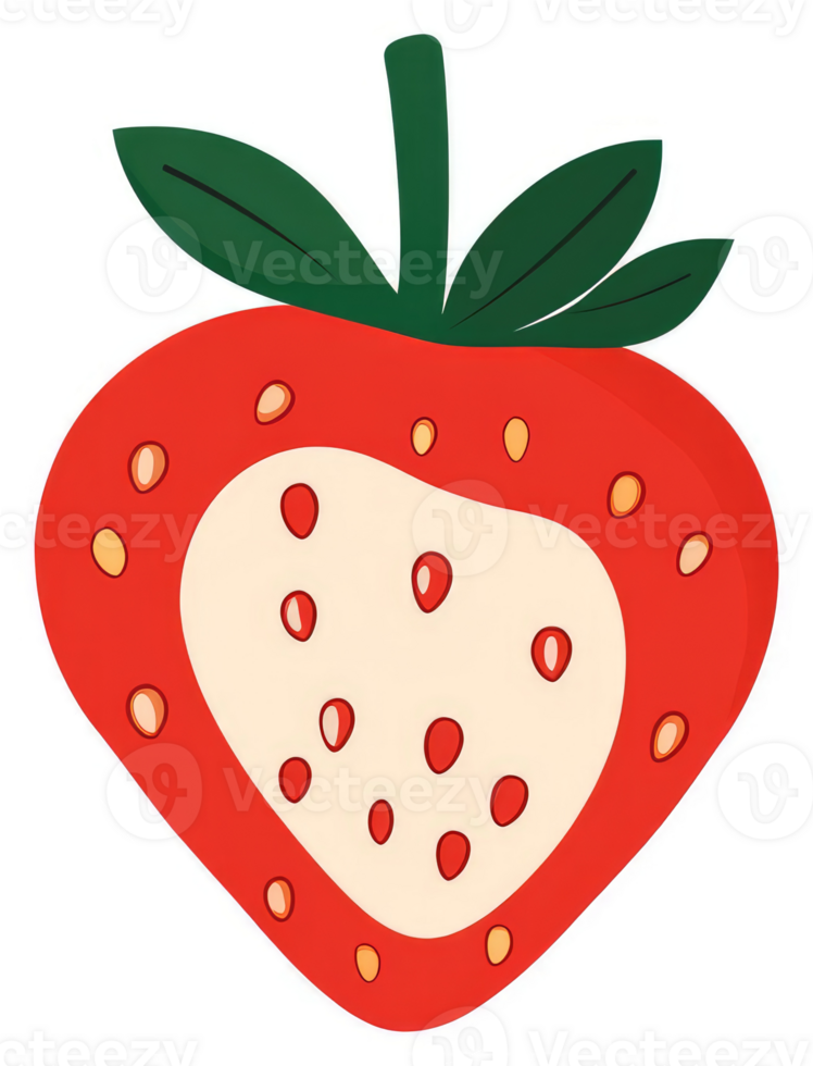 A vibrant illustration of a cut strawberry with green leaves. png