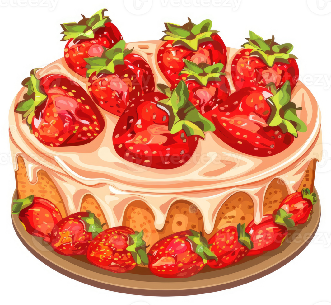 A delicious-looking strawberry cake with a creamy frosting. png