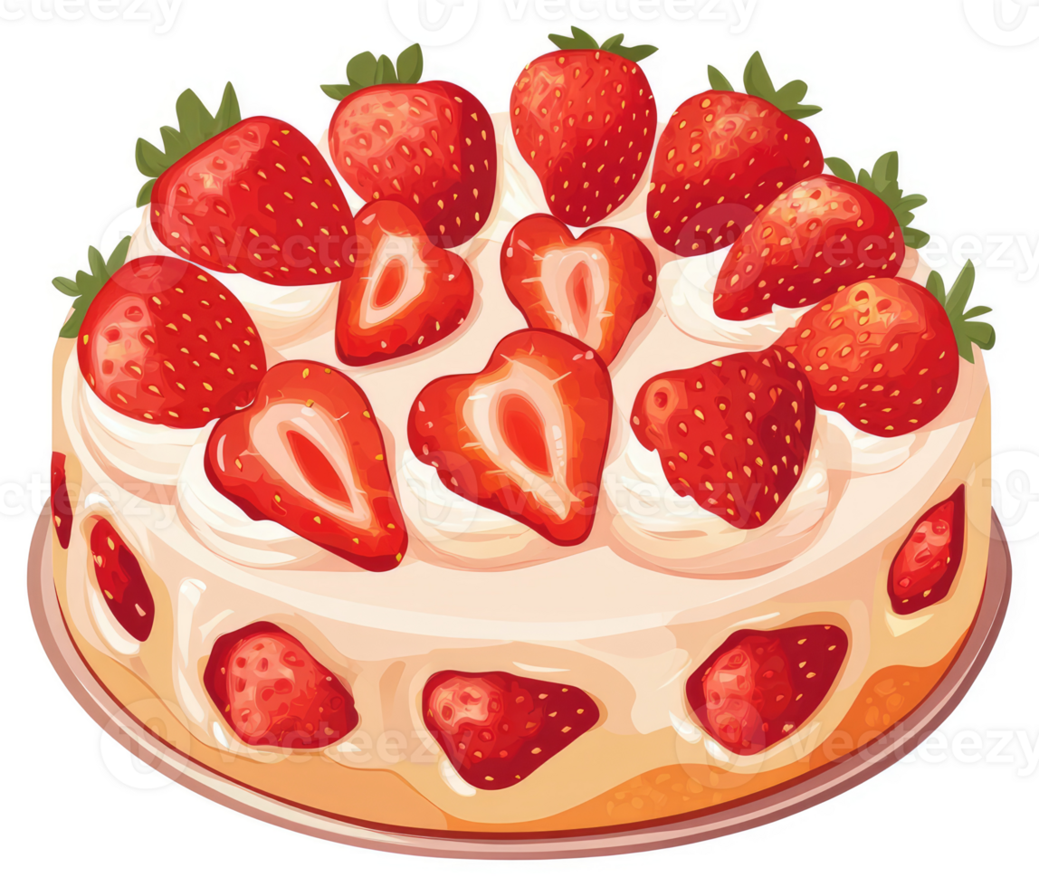 A delicious strawberry cake topped with fresh strawberries and creamy frosting. png