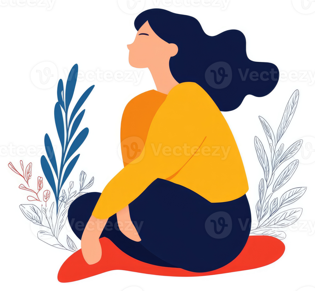 A serene woman sits in contemplation, surrounded by nature's gentle embrace. png