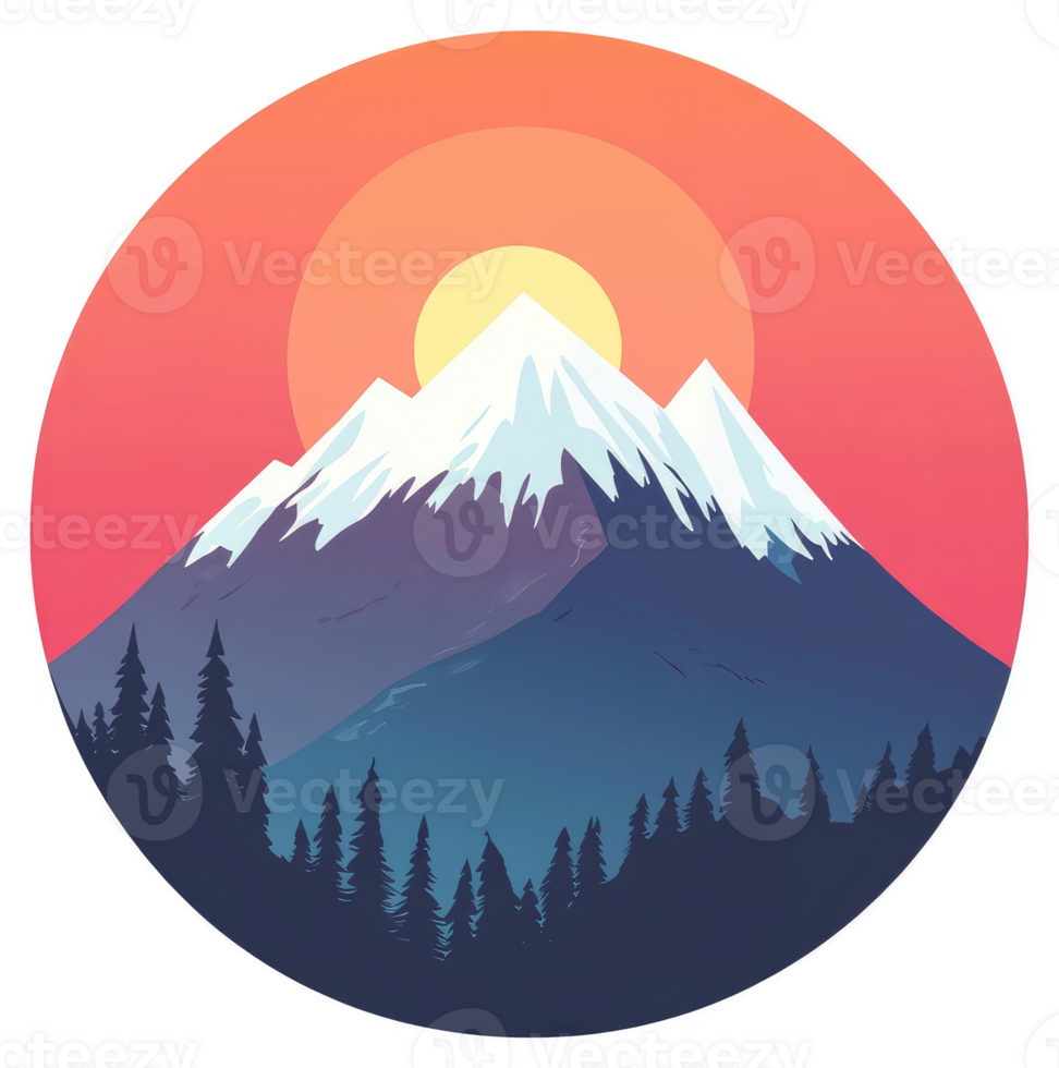 A stylized illustration of snow-capped mountains at sunrise or sunset over a forest. png