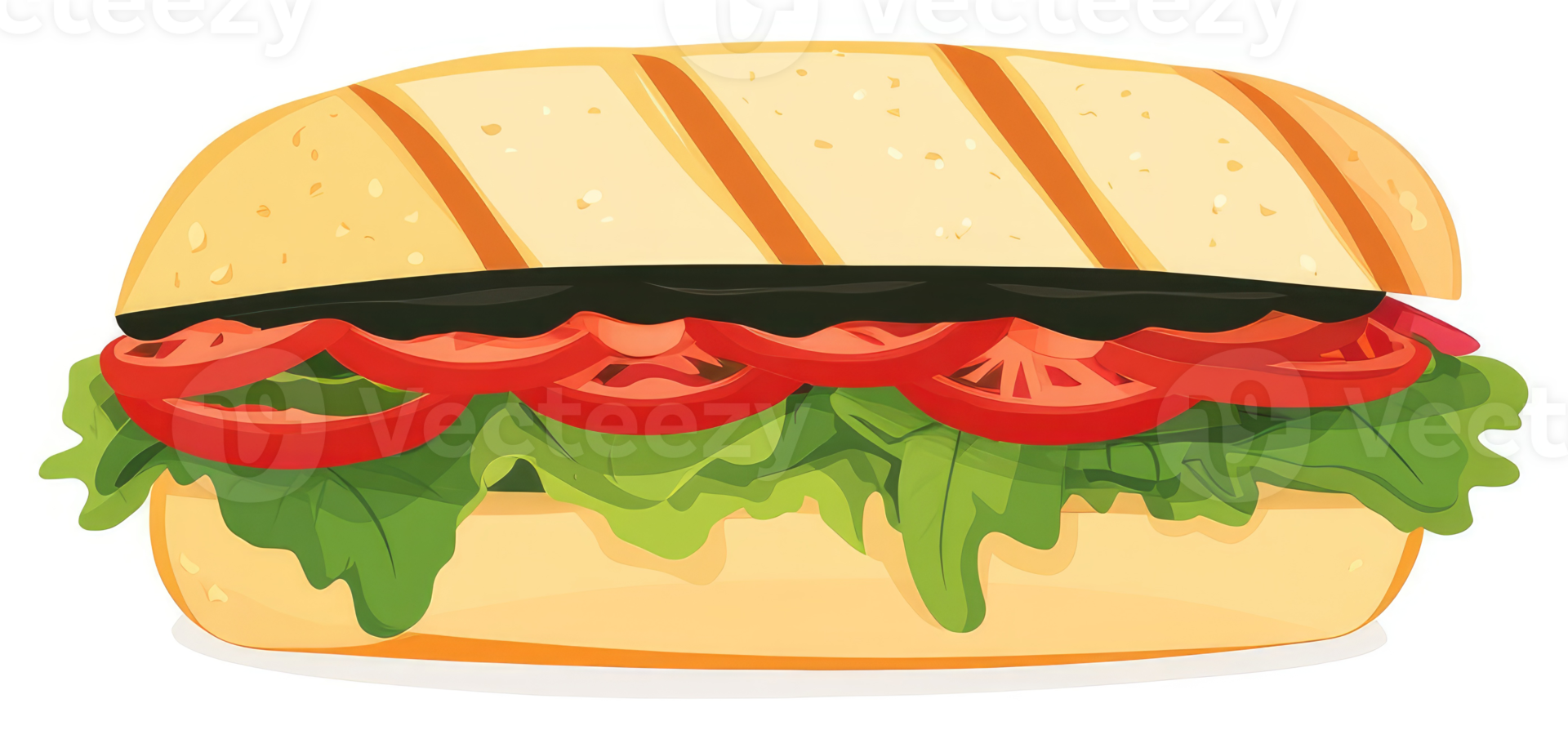 A delicious grilled ciabatta sandwich loaded with fresh tomato slices and crisp lettuce. png