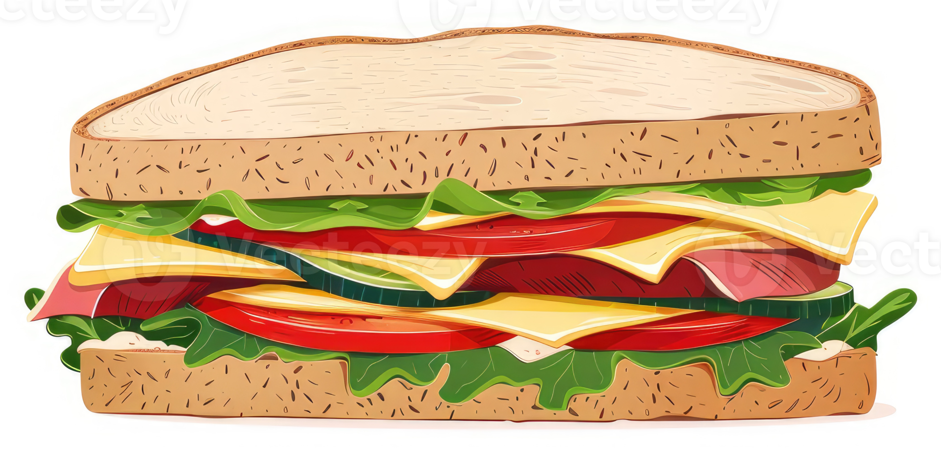 A colorful illustration of a hearty layered sandwich. png