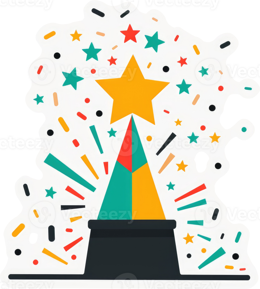 A celebratory graphic design of a starburst emerging from a colorful party hat. png