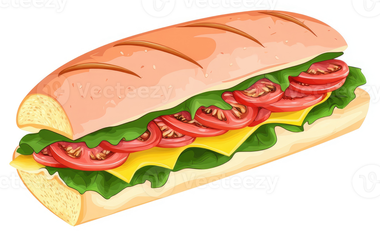 A delicious looking tomato and cheese sub sandwich. png