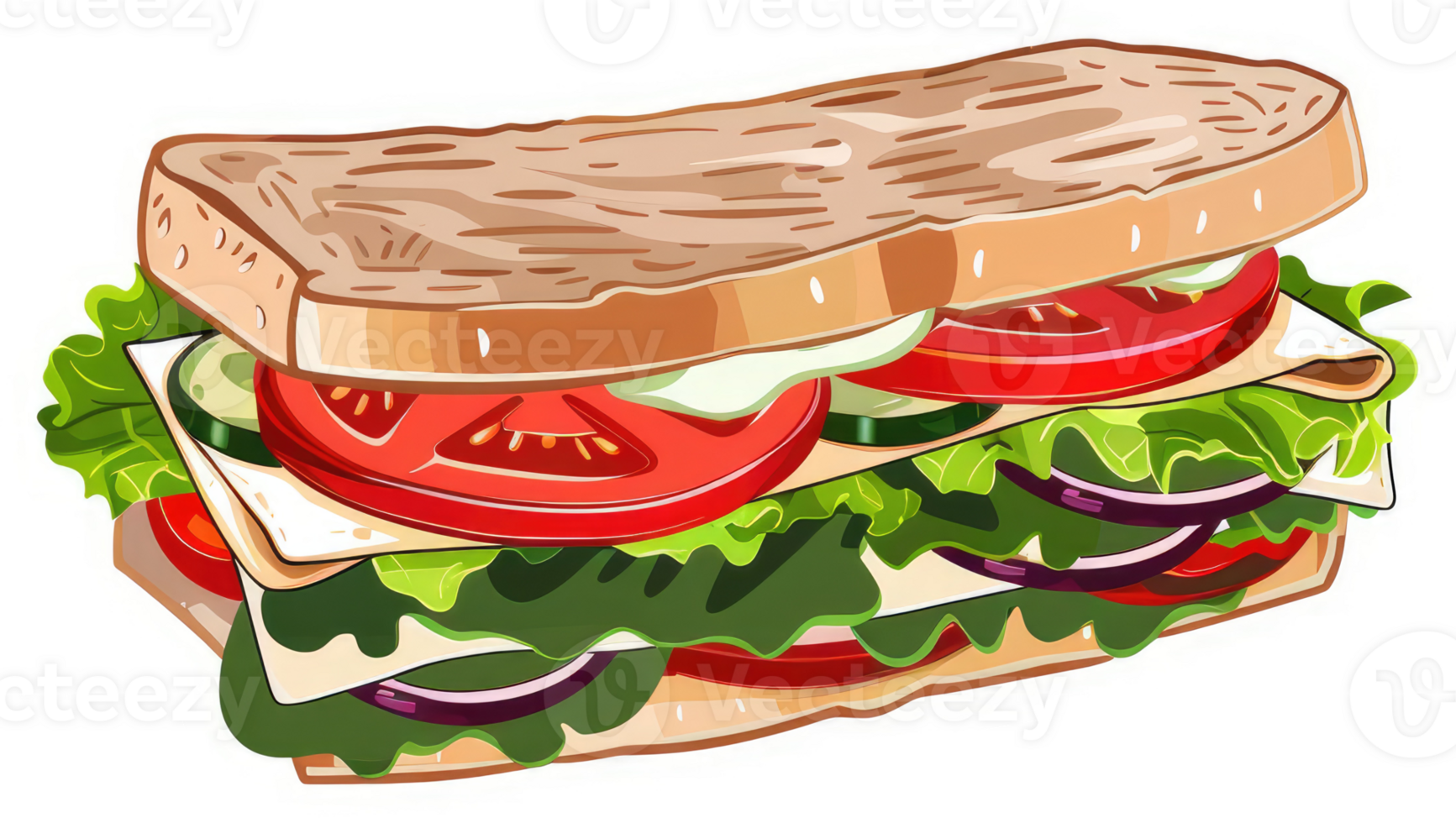A colorful illustration of a hearty sandwich filled with various fresh vegetables and cheese. png