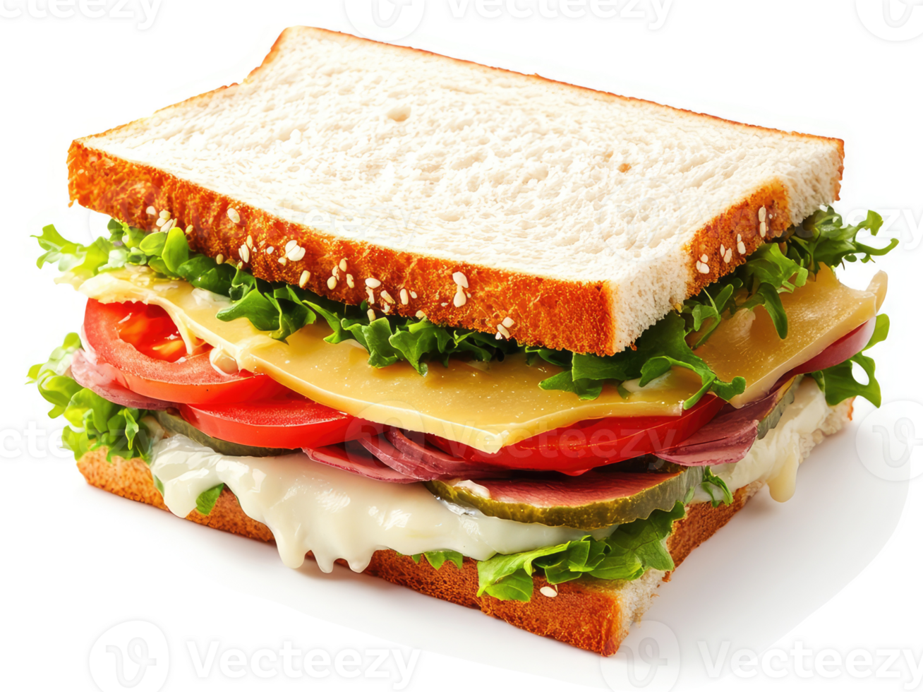 A delectable sandwich filled with assorted deli meats, cheese, vegetables, and a creamy spread. png