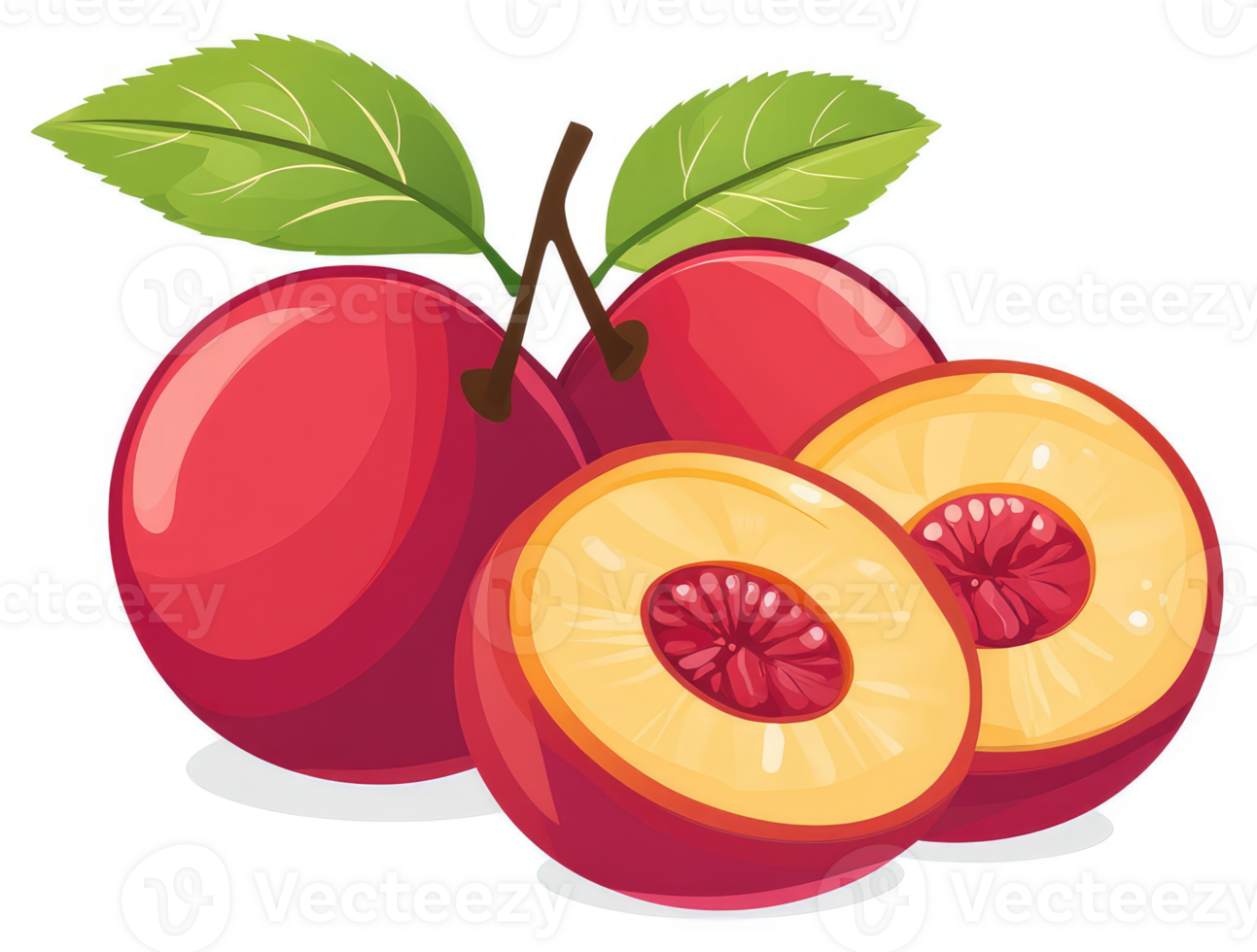 Vibrant red plums and sliced peaches with lush foliage. png