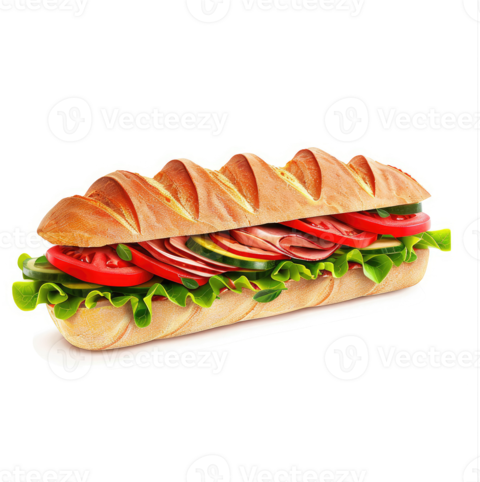A delicious, long sub sandwich with ham, tomato, and cucumber. png