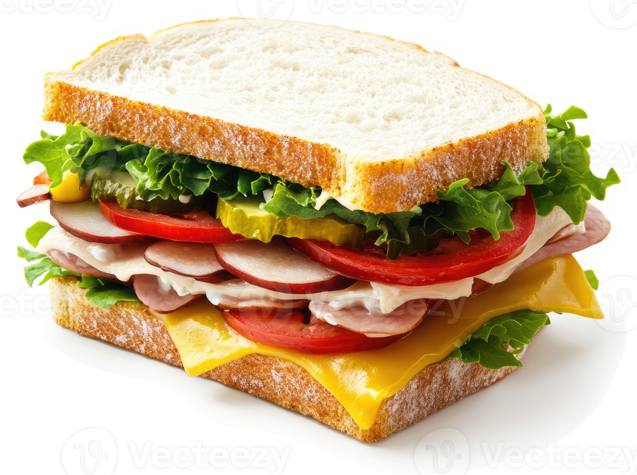 A delicious, layered sandwich with bread, cheese, meat, and vegetables. png