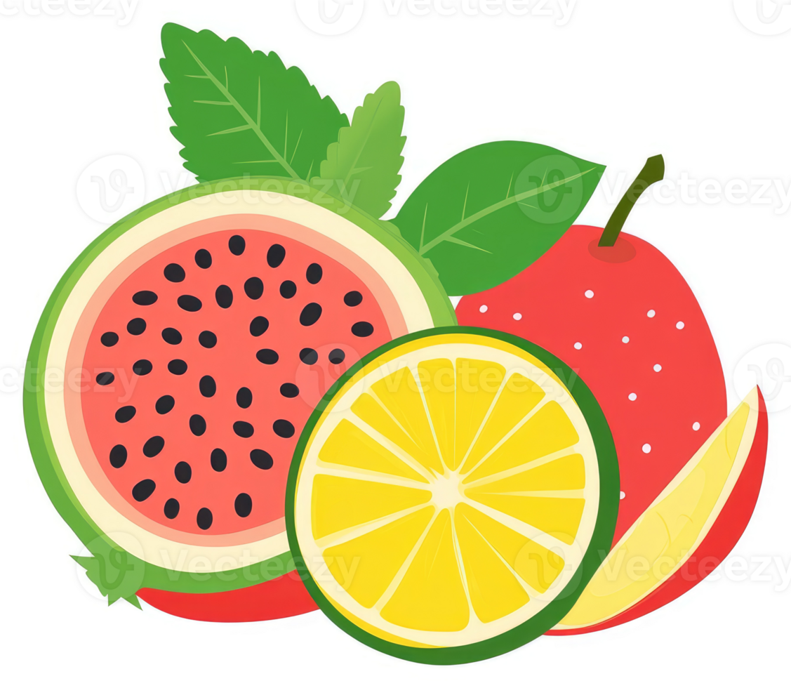 A vibrant display of watermelon, lemon, apple, and a slice of mango. png