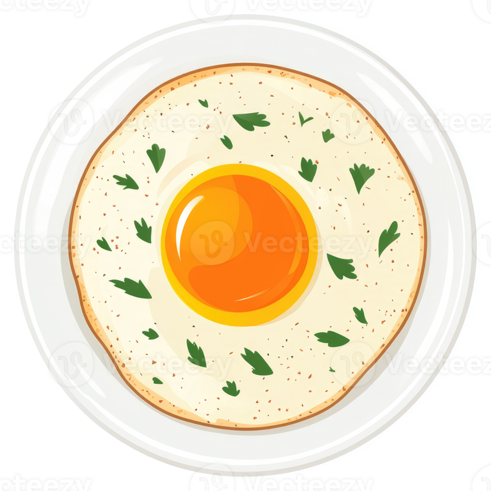 A sunny-side-up egg with garnish on a white plate. png