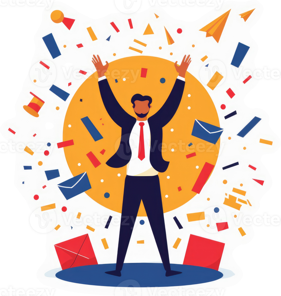 A jubilant businessman celebrates surrounded by confetti and mail, symbolizing success and achievement. png
