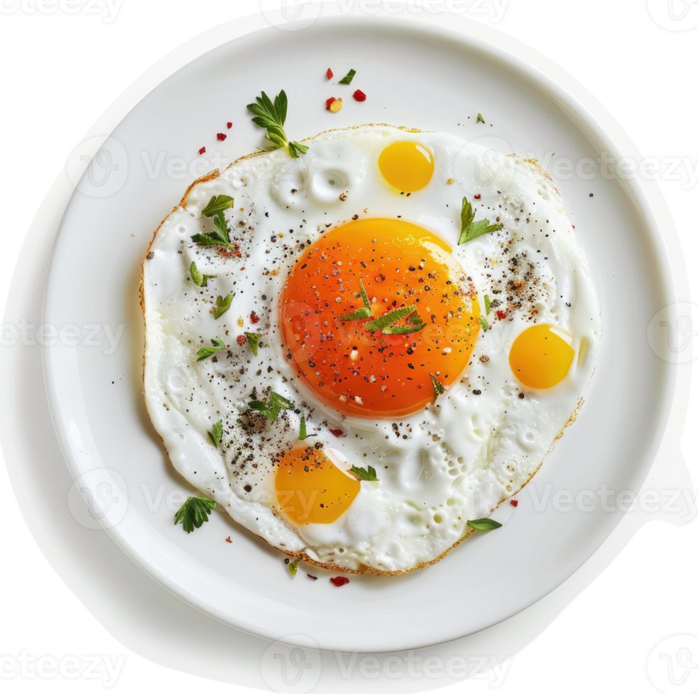 A plate of perfectly cooked fried eggs with vibrant yolks. png